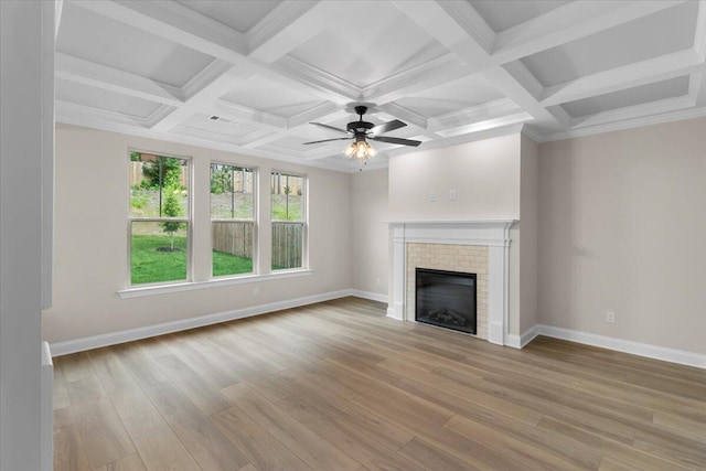 5085 Anna Way Unit Fb28, North Augusta, SC 29841 - unfurnished living room with wood finished floors, a ceiling fan, a brick fireplace, beamed ceiling, and coffered ceiling