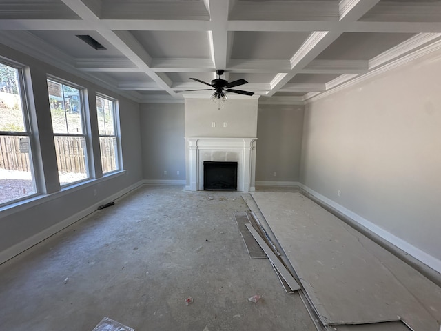 unfurnished living room featuring visible vents, coffered ceiling, a high end fireplace, and baseboards