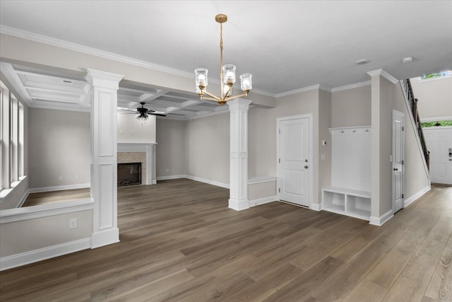5085 Anna Way Unit Fb28, North Augusta, SC 29841 - unfurnished living room featuring ceiling fan, a brick fireplace, wood finished floors, ornate columns, and coffered ceiling