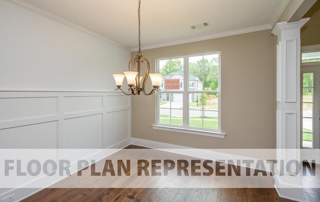 unfurnished dining area with a healthy amount of sunlight, decorative columns, visible vents, and dark wood finished floors