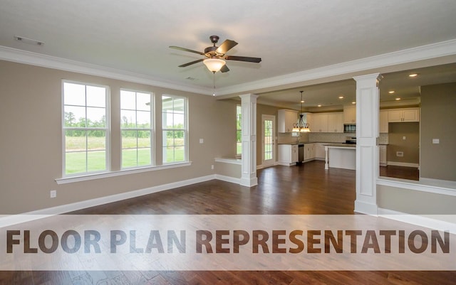 unfurnished living room featuring ornate columns, visible vents, dark wood-style flooring, and ornamental molding