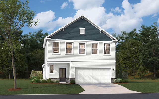 778 Count Fleet Ct, Graniteville, SC 29829 - view of front of house with a front yard, an attached garage, stone siding, and concrete driveway