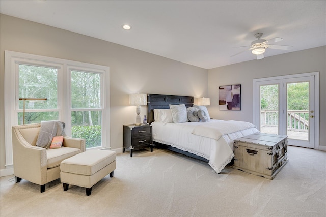 81 Two Mile Dr, Johnston, SC 29832 - bedroom featuring light carpet, access to exterior, a ceiling fan, and recessed lighting