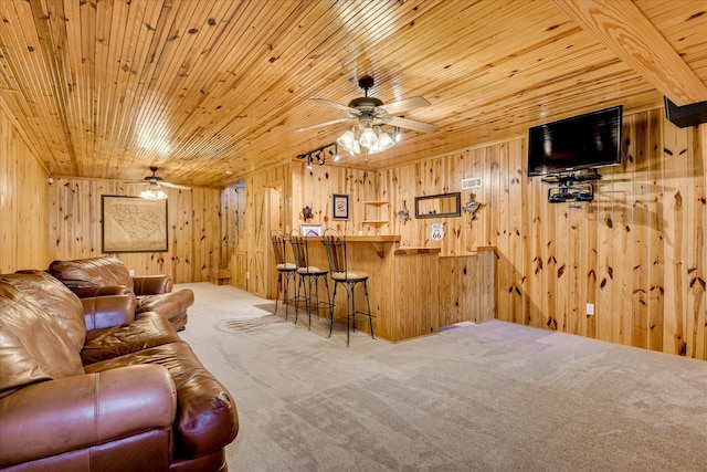 81 Two Mile Dr, Johnston, SC 29832 - carpeted living room featuring wood ceiling, wooden walls, and ceiling fan