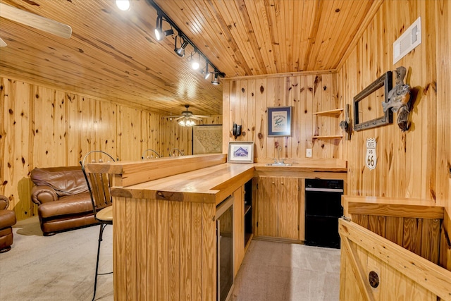 81 Two Mile Dr, Johnston, SC 29832 - bar with wood ceiling, light carpet, wooden walls, ceiling fan, and rail lighting
