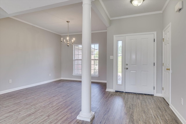 4620 Country Glen Cir, Grovetown, GA 30813 - foyer entrance with wood finished floors, crown molding, baseboards, a chandelier, and decorative columns