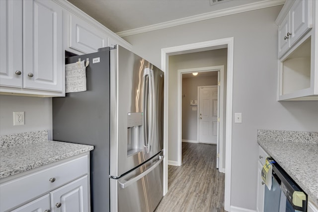 4620 Country Glen Cir, Grovetown, GA 30813 - kitchen with stainless steel refrigerator with ice dispenser, white cabinets, ornamental molding, dishwasher, and light wood finished floors