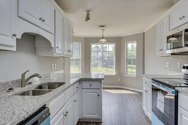 4620 Country Glen Cir, Grovetown, GA 30813 - kitchen with stainless steel appliances, a sink, wood finished floors, white cabinetry, and ornamental molding