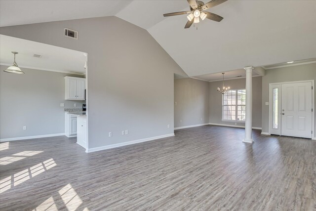 4620 Country Glen Cir, Grovetown, GA 30813 - unfurnished living room featuring decorative columns, ceiling fan, wood finished floors, baseboards, and high vaulted ceiling