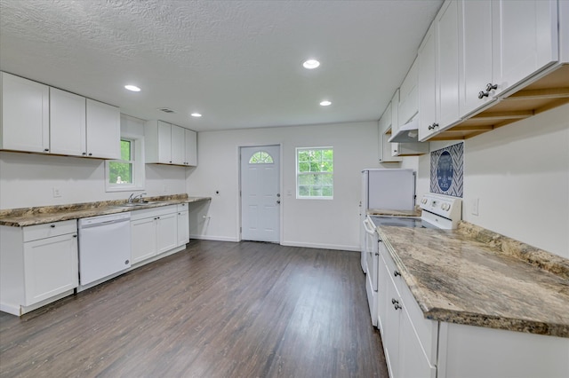 1586 Lee Beard Way, Augusta, GA 30901 - kitchen with white appliances, healthy amount of natural light, dark wood-type flooring, white cabinets, and recessed lighting