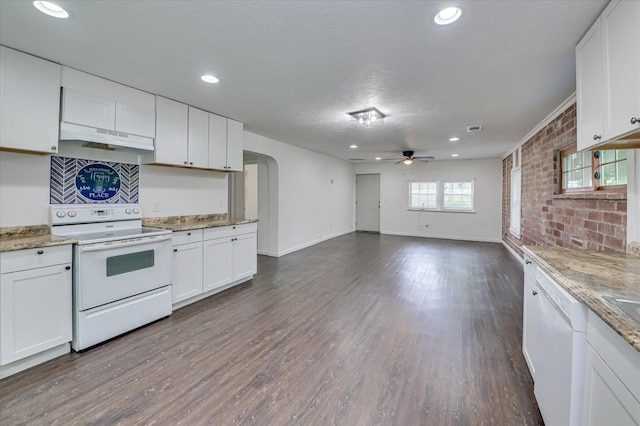 1586 Lee Beard Way, Augusta, GA 30901 - kitchen featuring white appliances, under cabinet range hood, a ceiling fan, white cabinets, and dark wood-style flooring