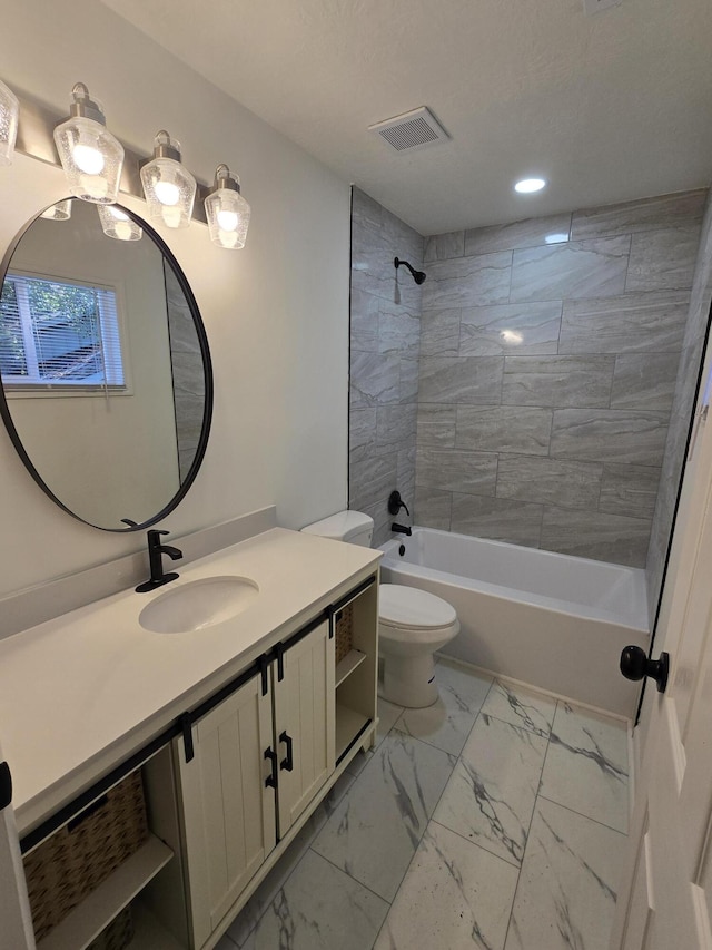 469 Lawrence Dr, Evans, GA 30809 - bathroom featuring vanity, marble finish flooring, shower / bath combination, and recessed lighting