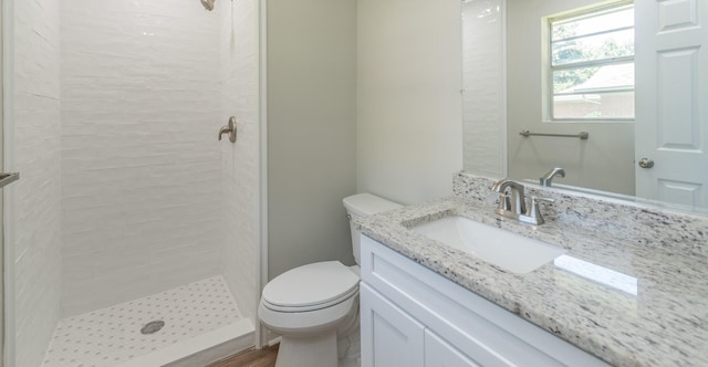 bathroom with a tile shower, vanity, and toilet