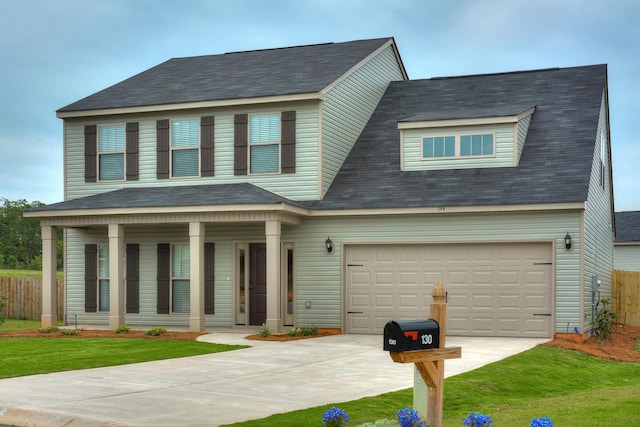 view of front facade with a porch, a garage, and a front yard