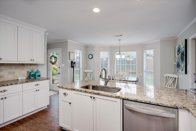 4478 Amanda Ct, Evans, GA 30809 - kitchen featuring stainless steel dishwasher, ornamental molding, dark wood-style flooring, white cabinets, and a chandelier
