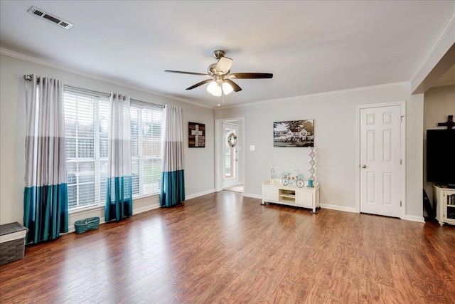 4478 Amanda Ct, Evans, GA 30809 - living area with wood finished floors, ceiling fan, and crown molding