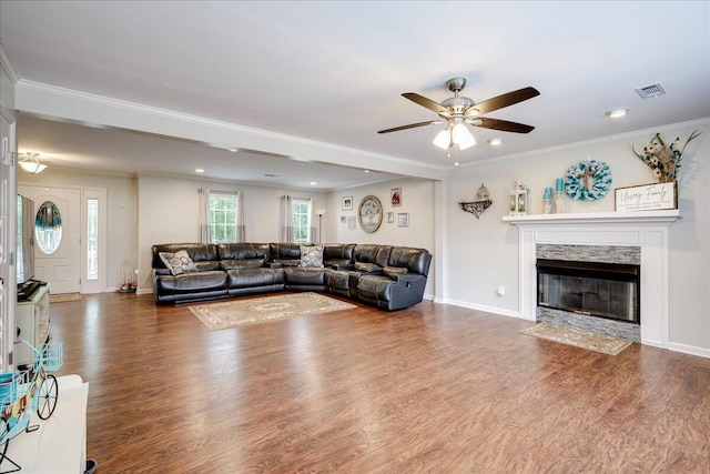 4478 Amanda Ct, Evans, GA 30809 - living room with ceiling fan, ornamental molding, wood finished floors, recessed lighting, and a fireplace