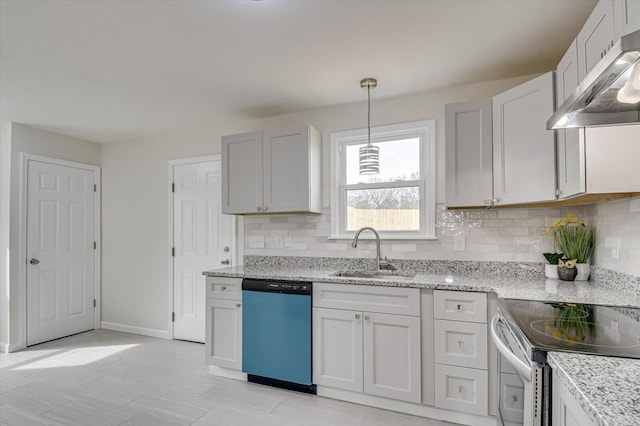 kitchen featuring dishwasher, sink, white cabinets, stainless steel range with electric cooktop, and backsplash