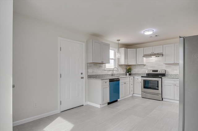 kitchen with sink, appliances with stainless steel finishes, hanging light fixtures, white cabinets, and decorative backsplash