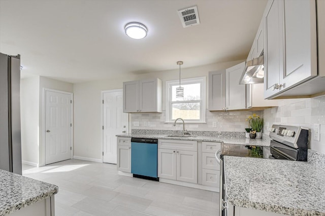 kitchen with sink, tasteful backsplash, white cabinetry, hanging light fixtures, and appliances with stainless steel finishes