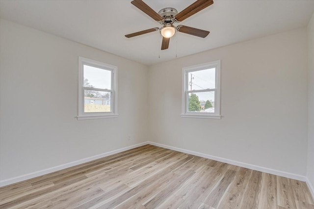 unfurnished room featuring ceiling fan, a wealth of natural light, and light hardwood / wood-style floors