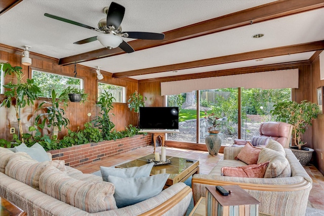 804 Camellia Rd, Augusta, GA 30909 - living room with beamed ceiling, healthy amount of natural light, wood walls, ceiling fan, and a textured ceiling