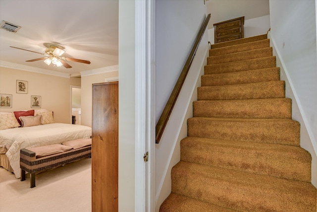 804 Camellia Rd, Augusta, GA 30909 - stairway with ceiling fan, ornamental molding, and carpet