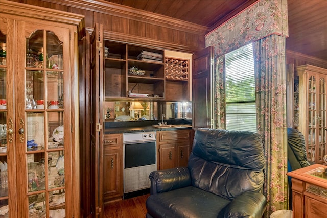 804 Camellia Rd, Augusta, GA 30909 - bar with ornamental molding, wood ceiling, wooden walls, and dark wood-style floors