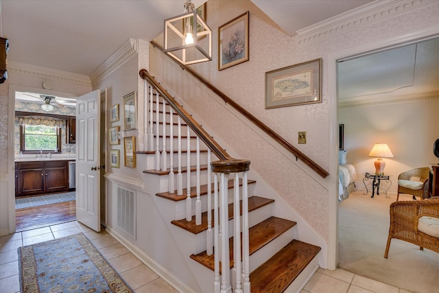 804 Camellia Rd, Augusta, GA 30909 - stairway with ornamental molding, tile patterned flooring, and a ceiling fan
