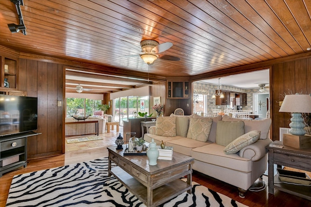 804 Camellia Rd, Augusta, GA 30909 - living room featuring ceiling fan, wooden ceiling, wood walls, and wood finished floors