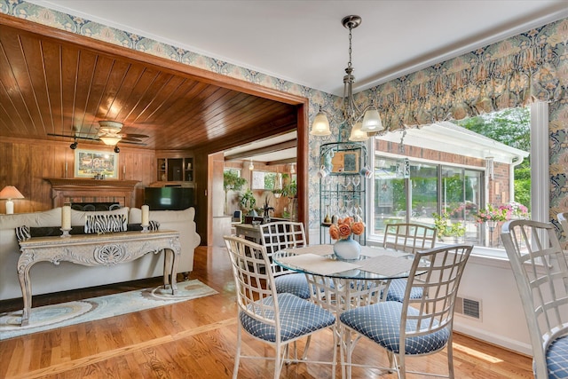 804 Camellia Rd, Augusta, GA 30909 - dining space with wood finished floors, healthy amount of natural light, wood ceiling, ceiling fan, and a fireplace