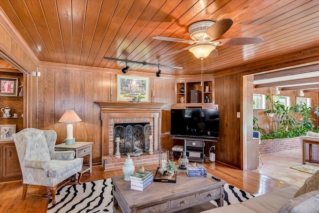 804 Camellia Rd, Augusta, GA 30909 - living area with wood ceiling, track lighting, wood walls, a fireplace, and a ceiling fan