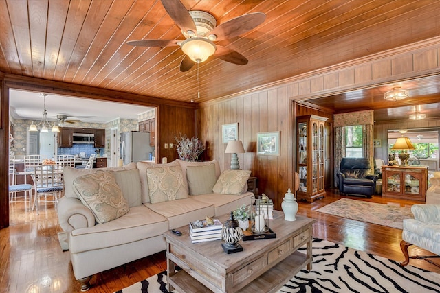 804 Camellia Rd, Augusta, GA 30909 - living room featuring ceiling fan, wood ceiling, wood walls, and hardwood / wood-style flooring