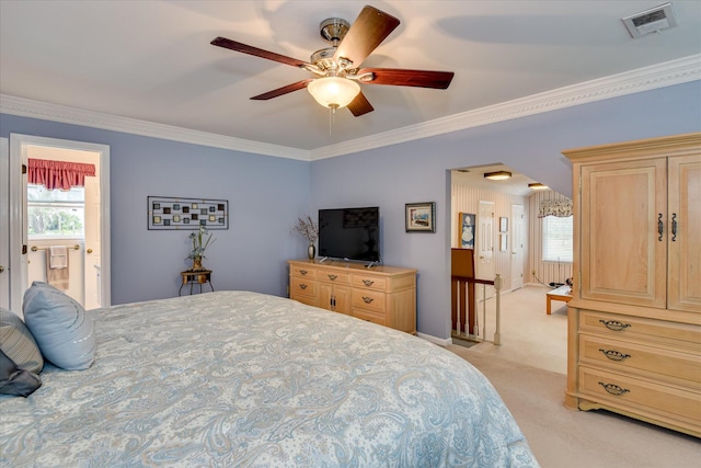 804 Camellia Rd, Augusta, GA 30909 - bedroom with ornamental molding, light colored carpet, multiple windows, and a ceiling fan