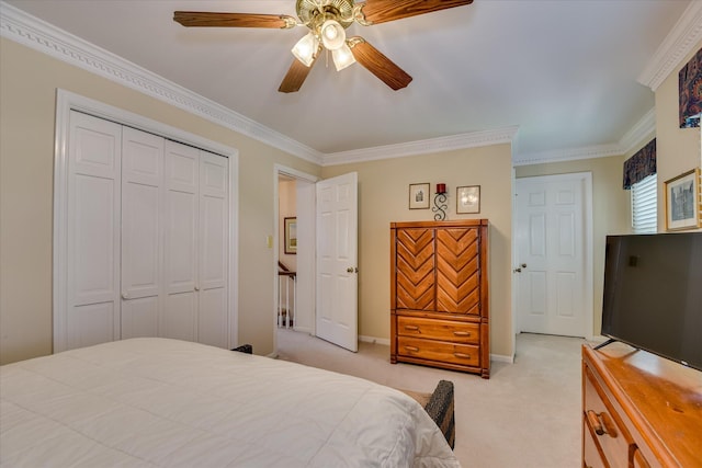 804 Camellia Rd, Augusta, GA 30909 - bedroom featuring light carpet, a closet, ornamental molding, and ceiling fan