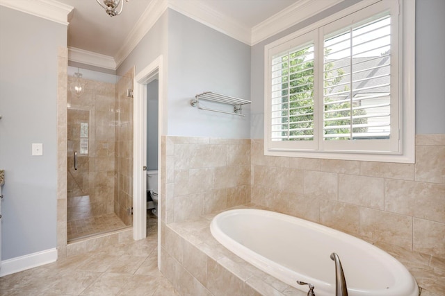 216 Dixon Ct, Evans, GA 30809 - full bathroom with a garden tub, a stall shower, and ornamental molding