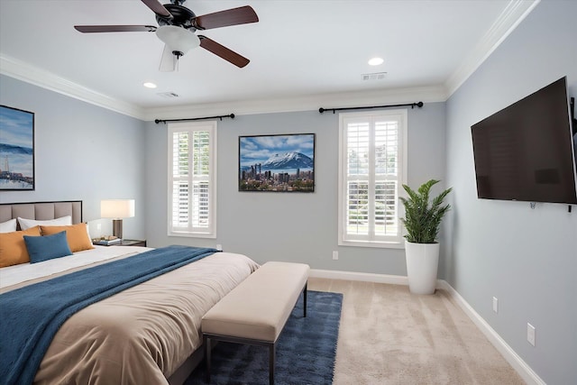216 Dixon Ct, Evans, GA 30809 - bedroom with ornamental molding, light carpet, ceiling fan, and recessed lighting