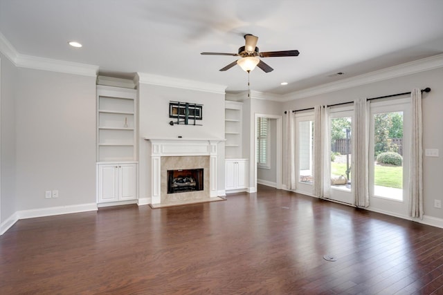 216 Dixon Ct, Evans, GA 30809 - unfurnished living room with ceiling fan, dark wood-type flooring, a fireplace, recessed lighting, and crown molding