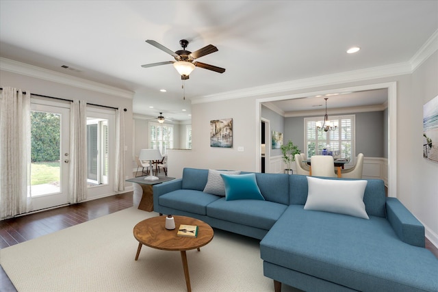 216 Dixon Ct, Evans, GA 30809 - living area with dark wood-type flooring, a chandelier, crown molding, recessed lighting, and ceiling fan