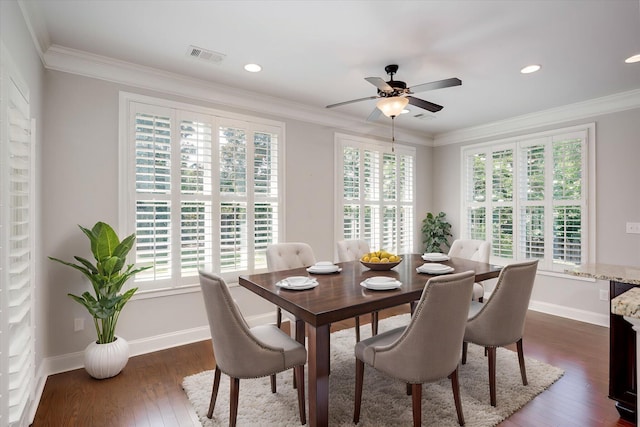 216 Dixon Ct, Evans, GA 30809 - dining area with plenty of natural light, ceiling fan, dark wood-style floors, crown molding, and recessed lighting