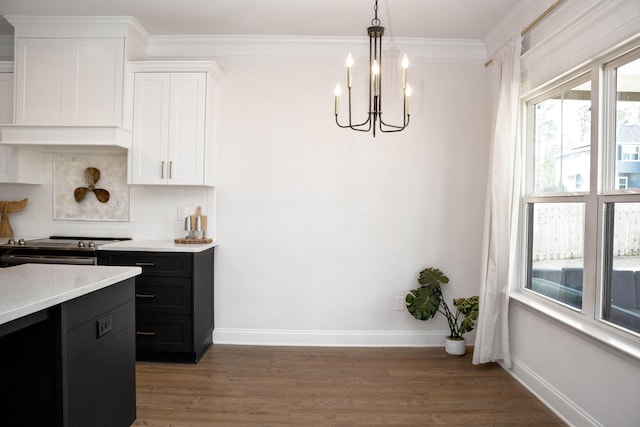 kitchen featuring backsplash, dark cabinetry, light wood-type flooring, and light countertops