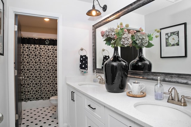 bathroom featuring double vanity, toilet, a shower with curtain, and a sink