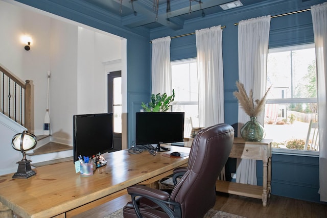 office featuring beamed ceiling, coffered ceiling, wood finished floors, and ornamental molding