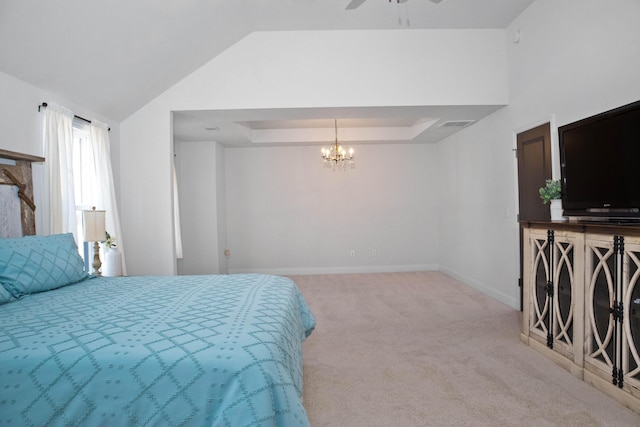 bedroom featuring baseboards, an inviting chandelier, vaulted ceiling, a raised ceiling, and light colored carpet