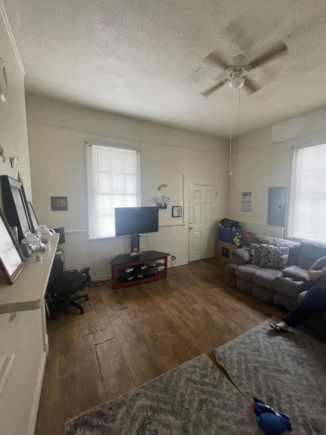 210-212 Perkins St, Augusta, GA 30904 - living area featuring a textured ceiling, wood finished floors, ceiling fan, a wainscoted wall, and electric panel