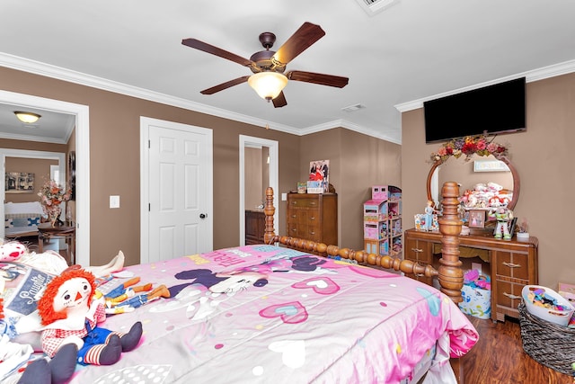 bedroom with ceiling fan, wood-type flooring, and ornamental molding