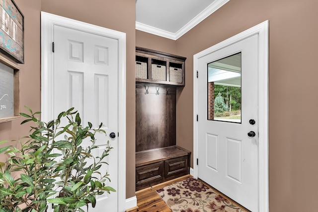 mudroom with ornamental molding and hardwood / wood-style flooring