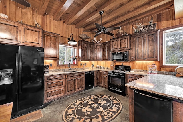 kitchen featuring ceiling fan, sink, light stone counters, black appliances, and wood ceiling