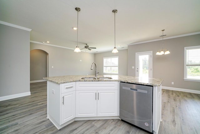 670 Jet Pass, Beech Island, SC 29842 - kitchen featuring dishwasher, arched walkways, a ceiling fan, ornamental molding, and light wood finished floors