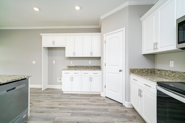 670 Jet Pass, Beech Island, SC 29842 - kitchen featuring stainless steel dishwasher, white cabinets, crown molding, light stone counters, and recessed lighting